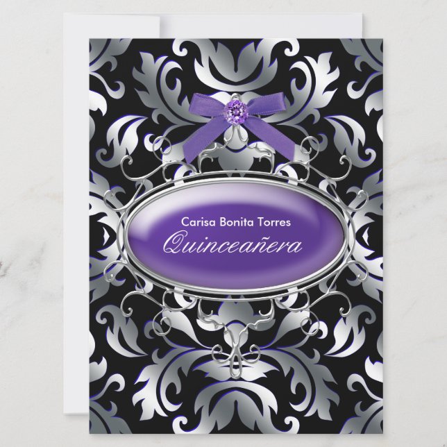 Black Silver Lila Damask Lila Quinceanera Einladung (Vorderseite)