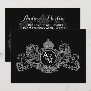 Black Silver Lion Unicorn Regal Emblem Wedding Einladung