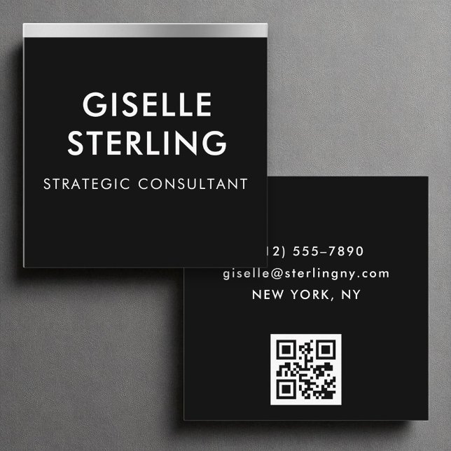 Black Silver Luxury QR Code Minimale Typografie Quadratische Visitenkarte (Von Creator hochgeladen)