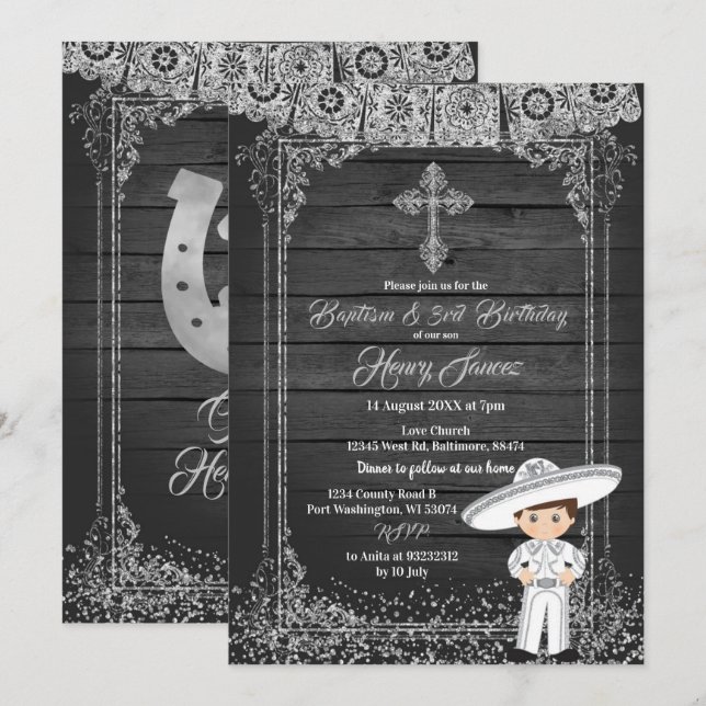 Black Silver Mexican Charro Taufe & 3. Geburtstag Einladung (Vorne/Hinten)