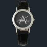 Black Silver Modern Script Girl Monogram Name Armbanduhr<br><div class="desc">Schwarz und Silver Einfache Script Monogram Name Watch. Dies macht den perfekten Abschluss,  Geburtstag,  Hochzeit,  Brautparty,  Jubiläum,  Babydusche oder Junggeselinnen-Abschied Geschenk für jemanden,  die Lieben glamourösen Luxus und schicke Stile.</div>