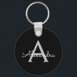Black Silver Modern Script Girl Monogram Name Schlüsselanhänger<br><div class="desc">Einfache Monogramm Name Keychains (Schlüsselkette) für Schwarz und Silber. Das macht den perfekten 16 Geburtstag,  Hochzeit,  Brautparty,  Jubiläum,  Babydusche oder Junggeselinnen-Abschied Geschenk für jemanden,  der Lieben glamourösen Luxus und schicke Stile.</div>