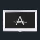 Black Silver Modern Script Girl Monogram Name Visitenkarten Dose<br><div class="desc">Einfache Script-Monogramm Name-Visitenkartenhalter Schwarz und Silber. Das macht den perfekten 16 Geburtstag,  Hochzeit,  Brautparty,  Jubiläum,  Babydusche oder Junggeselinnen-Abschied Geschenk für jemanden,  der Lieben glamourösen Luxus und schicke Stile.</div>
