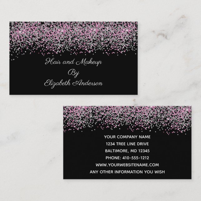 Black Silver Pink Glitzer Overlay Glam Girl Visitenkarte (Vorne/Hinten)