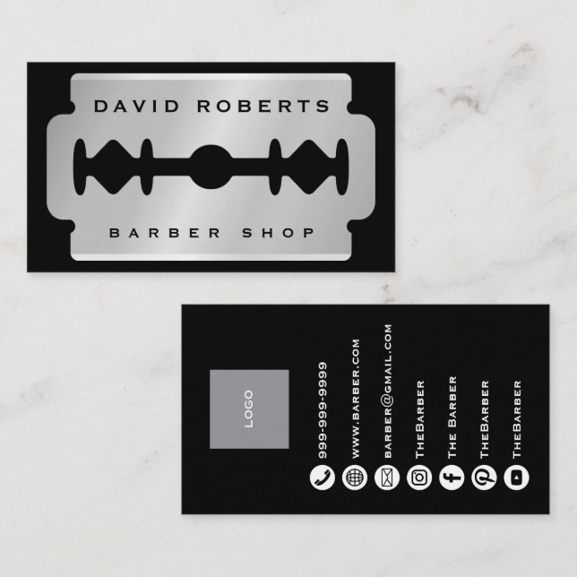 Black Silver Razor Blade Barber Business Card Visitenkarte (Vorne/Hinten)