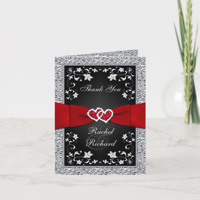Black Silver Red Floral Hearts IMITATE Foil Vielen Dankeskarte (Vorderseite)
