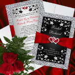 Black Silver Red Hearts, Floral Wedding Invitation Einladung<br><div class="desc">This romantic black and silver gray floral wedding invitation has a PRINTED red ribbon with a pair of diamond jewels and red FAUX glitter joined hearts on it. It also has a silver FAUX foil outer border with silver grey flowers and vines on it, with a verse on the front...</div>