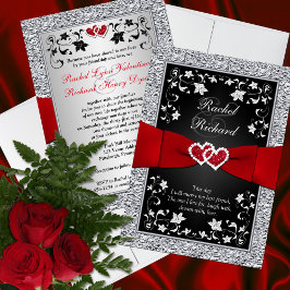 Black Silver Red Hearts, Floral Wedding Invitation Einladung
