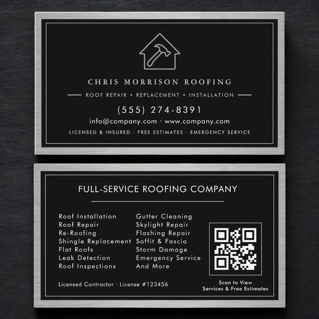 Black Silver Roofing Construction Services QR Code Visitenkarte (Von Creator hochgeladen)