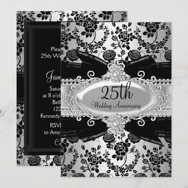 Black Silver Rose & Jewel 25. Jubiläum Einladung (Vorne/Hinten)