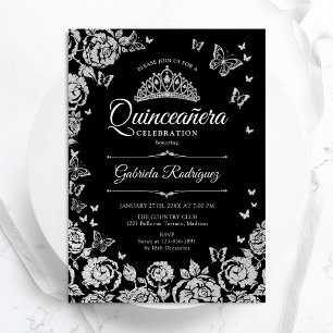 Black Silver Rose Schmetterlinge Quinceanera Einladung