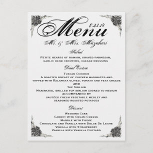 Black Silver Rose Wedding Dinner Menu Vielen Dank Postkarte