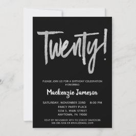 Black Silver Script 20th Birthday Party Invitation