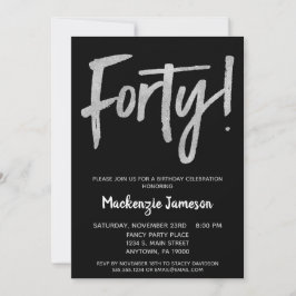Black Silver Script 40th Birthday Party Invitation
