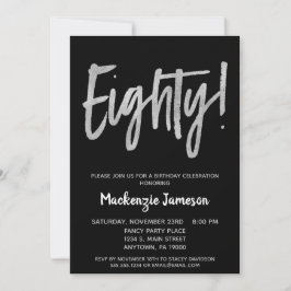 Black Silver Script 80th Birthday Party Invitation
