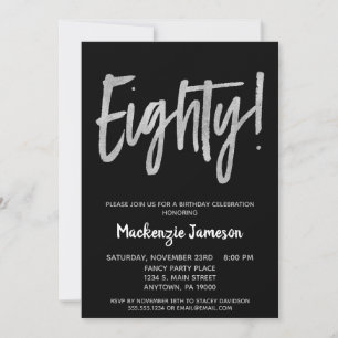 Black Silver Script 80th Birthday Party Invitation