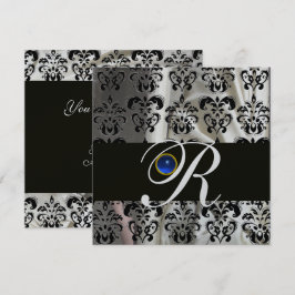 BLACK SILVER SILK DAMASK MONOGRAM BLUE SAPPHIRE EINLADUNG