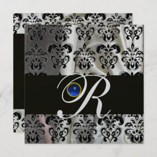 BLACK SILVER SILK DAMASK MONOGRAM BLUE SAPPHIRE EINLADUNG