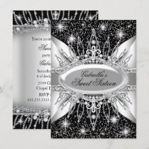 Black & Silver Sparkle Diamond Sweet 16 Einladung