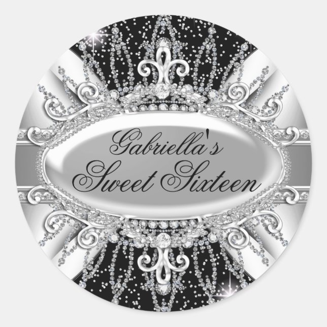 Black & Silver Sparkle Diamond Sweet 16 Sticker (Vorderseite)