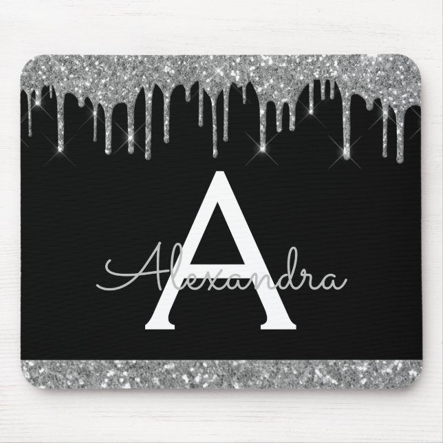 Black Silver Sparkle Glitzer Chic Monogram Mousepad (Vorne)