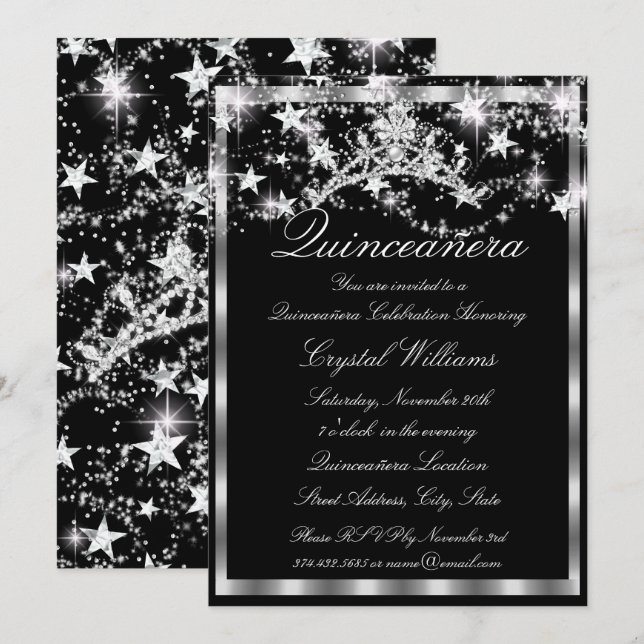 Black Silver Sparkle Tiara Stars Quinceanera Einladung (Vorne/Hinten)