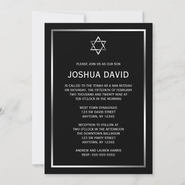 Black Silver Star de David Bar Mitzvah Invitations (Devant)
