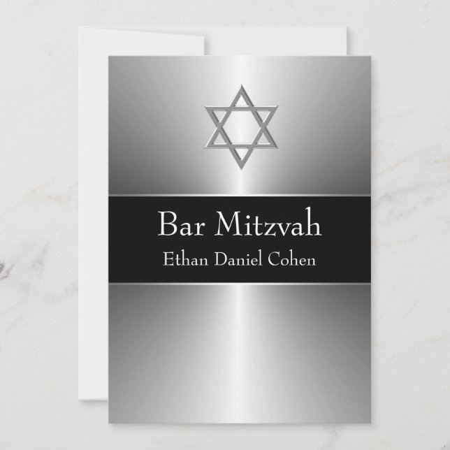 Black Silver Star von David Bar Mitzvah Einladung (Vorderseite)
