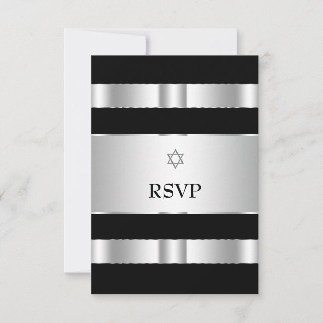 Black Silver Star von David Bar Mitzvah RSVP Cards Karte (Vorderseite)