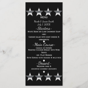 Black & Silver Stars Hollywood Glam Party-Menü Menükarte