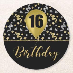 Black Silver und Gold 16 Geburtstag Confetti Runder Pappuntersetzer