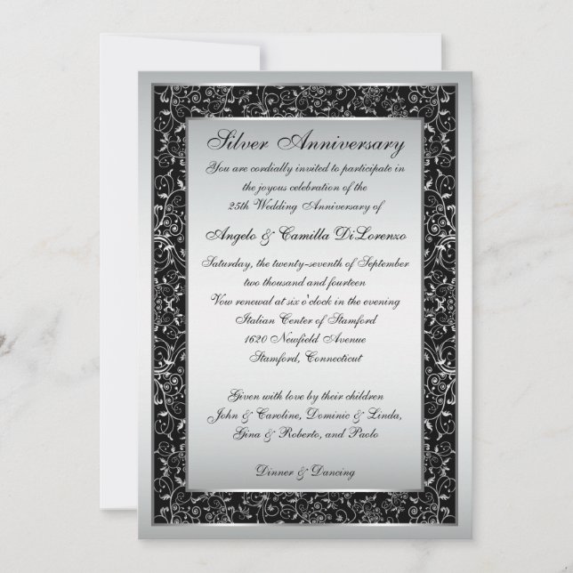 Black Silver Verziert Scroll 25. Jubiläum Einladun Einladung (Vorderseite)