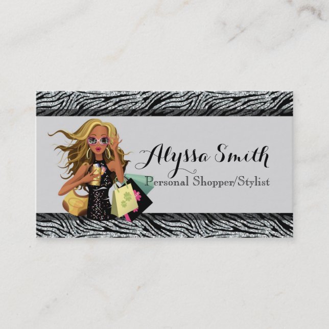 Black & Silver Zebra Glitzer Shopper Business Card Visitenkarte (Vorderseite)