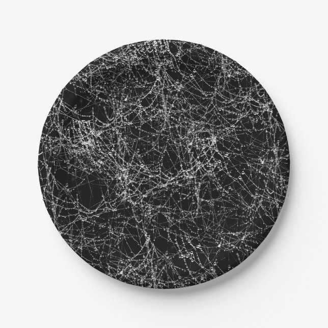 Black & Silvery Spider Webs Chic Halloween Pappteller (Vorderseite)
