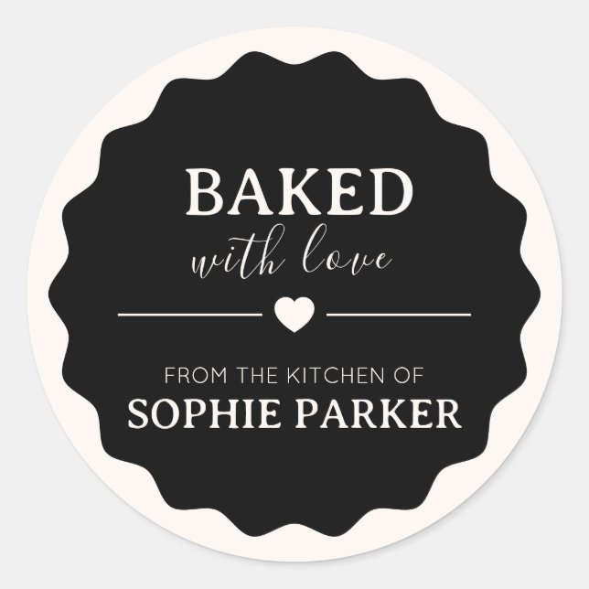 Black Simple Baked With Love Scallop Sticker (Vorderseite)