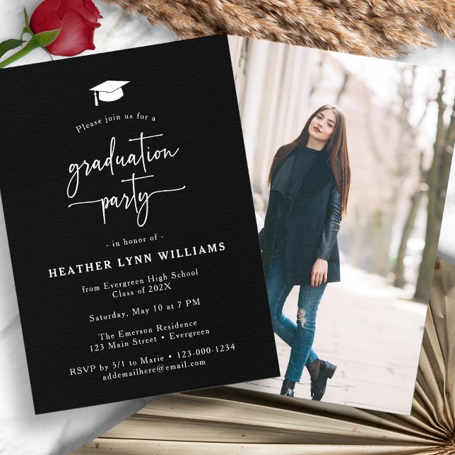 Black Simple Foto Abschluss Einladung (Black Simple Photo Graduation  Party Invitation by Painted Paperie
)