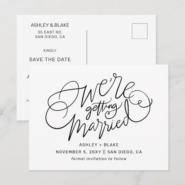 Black Simple Handwriting Calligraphy Save the Date Ankündigungspostkarte (Vorne/Hinten)