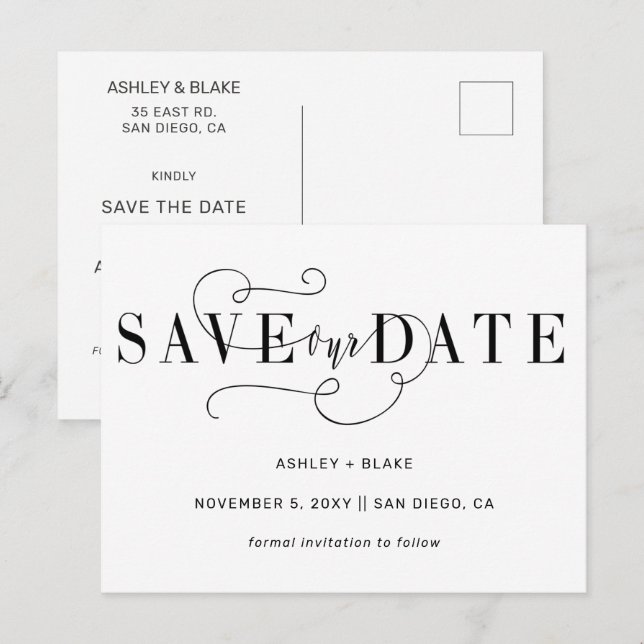 Black Simple Handwriting Calligraphy Save the Date Ankündigungspostkarte (Vorne/Hinten)