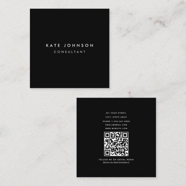 Black Simple Minimalistisch Consultant QR Code Quadratische Visitenkarte (Vorne/Hinten)