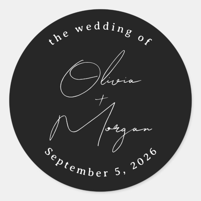 Black Simple Minimalistisch Script Calligraphy Wed Runder Aufkleber (Vorderseite)