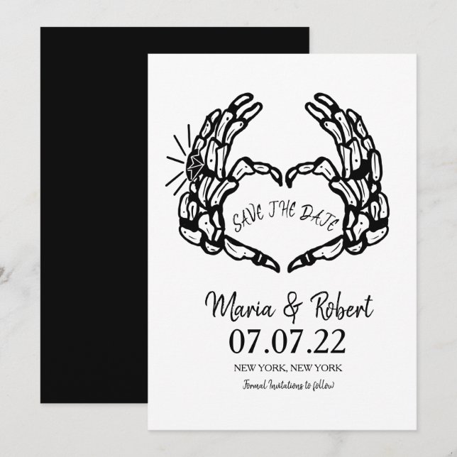 Black Skeleton Hand Heart Wedding Rings Doodle Einladung (Vorne/Hinten)