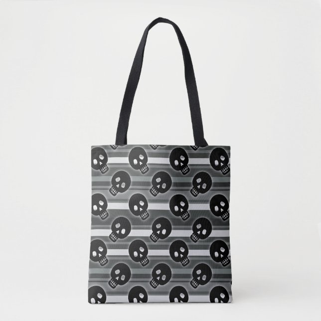 Black Skulls on Black White Stripe Pattern Tasche (Vorderseite)