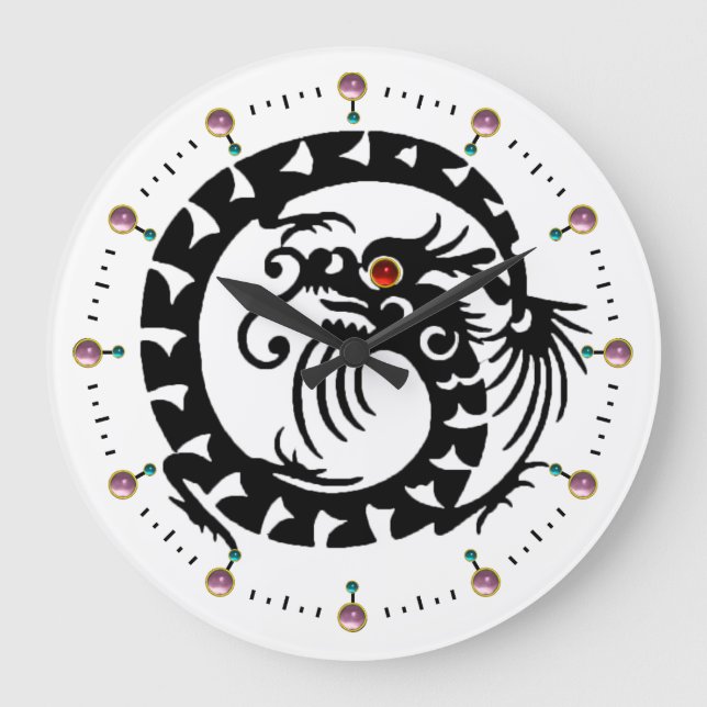 BLACK SNAKE DRAGON WHITE ,PINK GEMSTONES Fantasy Große Wanduhr (Vorderseite)