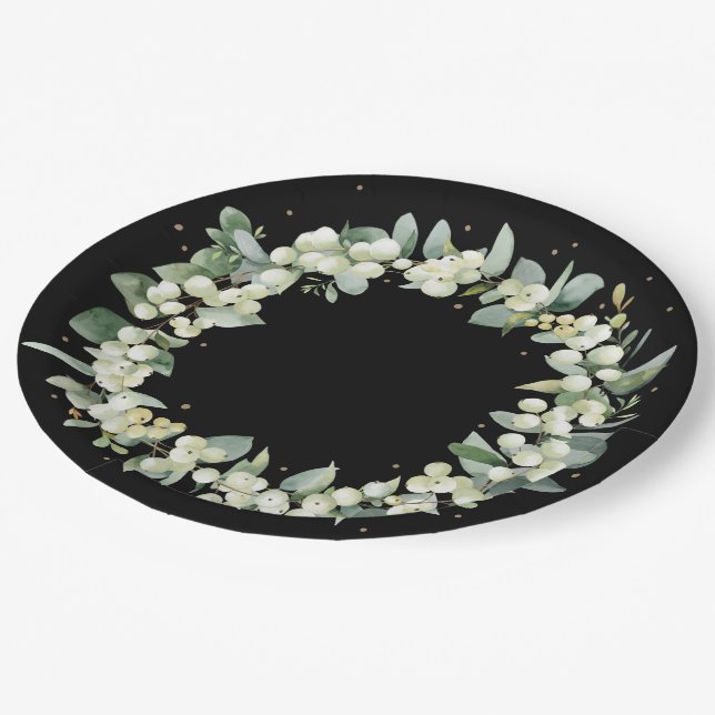 Black Snowberary Weihnachts-Weihnachtsfeier Pappteller (Schrägansicht)
