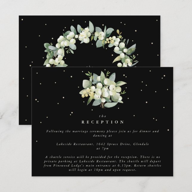 Black Snowberry+Eucalyptus Bouquet Empfang Begleitkarte (Vorne/Hinten)