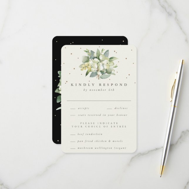 Black Snowberry+Eucalyptus Bouquet Wedding RSVP Karte (Vorderseite/Rückseite Beispiel)
