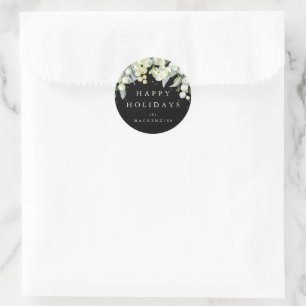 Black Snowberry+Eucalyptus Custom Message Holiday Runder Aufkleber