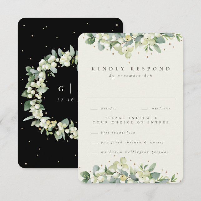 Black Snowberry+Eucalyptus Ewedding RSVP Karte (Vorne/Hinten)