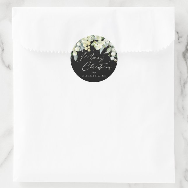 Black Snowberry+Eucalyptus Frohe Weihnachten Custo Runder Aufkleber (Tasche)