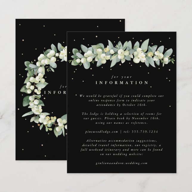 Black Snowberry+Eucalyptus Garland Hochzeitsinform Begleitkarte (Vorne/Hinten)